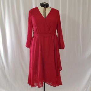 NWT Womens Red Geometric Dress Bloomchic Plus Size 2X Slip Belt Mesh Long Sleeve